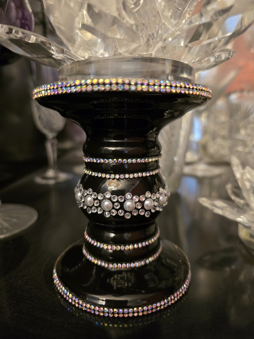 Black Jeweled Decorative Candle Holder New 4x3.5 In Candle Not Included Handmade
